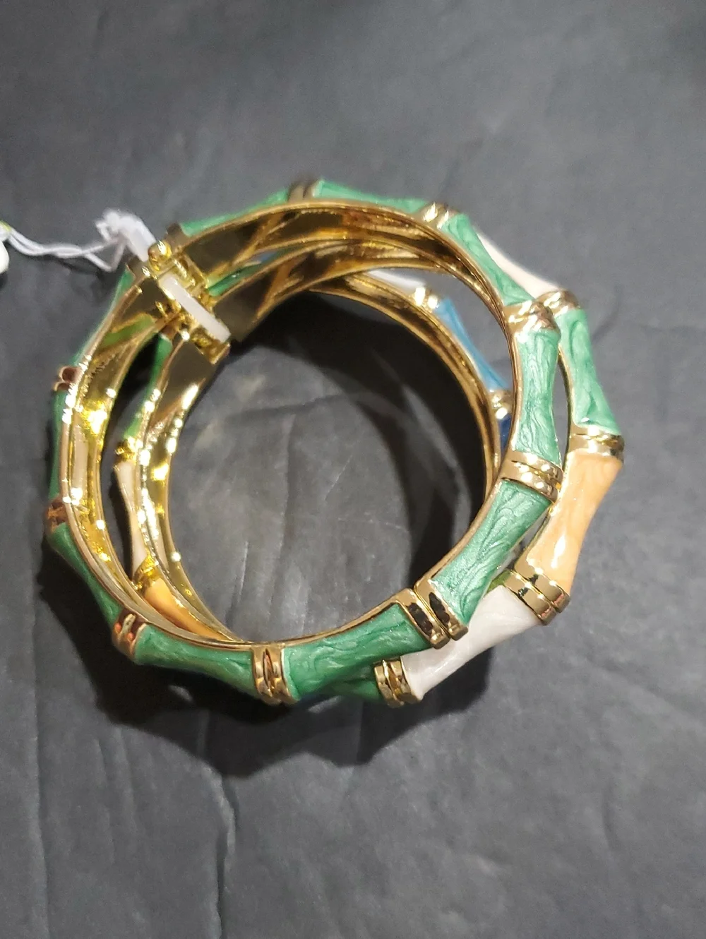 Natasha couture 3 piece stacked gold‎ tone enamel bamboo gemstone bangle set